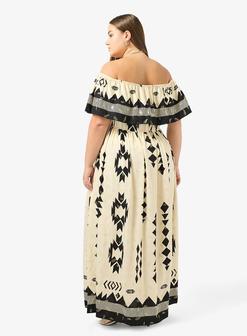 جينجر بلس فستان   مطبوع أحادي اللون بكتف مكشوف